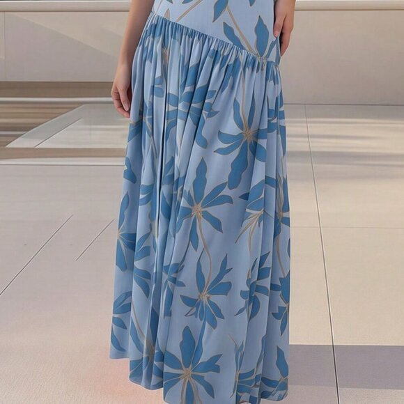 Blue Party Women's Strapless Floral Print High Split Maxi Dress - Picture 3 of 6